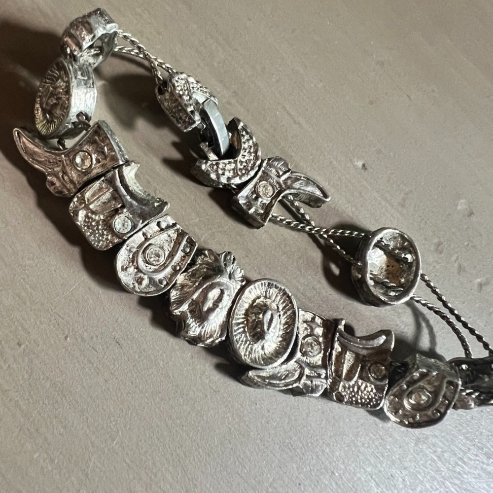 Vintage Storybook Charm Bracelet Silver Cowboy Western Southwest Hat Boots